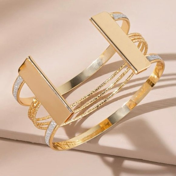 Glitter Detail Cuff Bangle Gold Bracelet For Women Wedding Party Gift - Picture 2 of 3